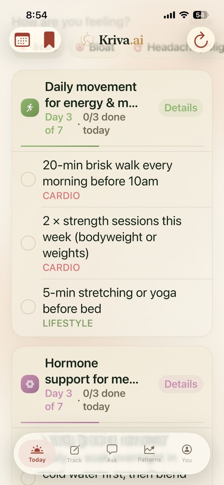 Care Plan — daily movement and hormone support tasks