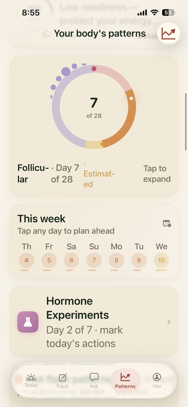 Cycle wheel — Follicular Day 7 of 28, this week, experiments tile