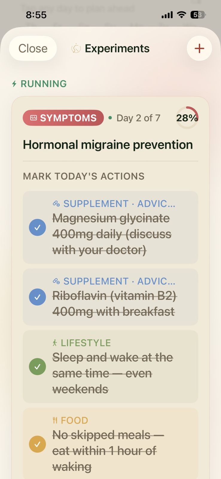 Experiment detail — Hormonal migraine prevention with daily actions