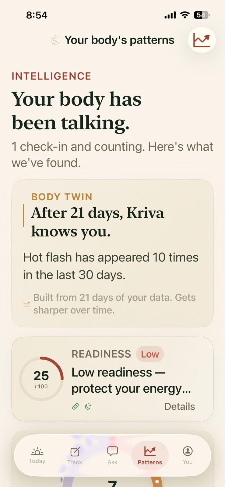 Patterns — Body Twin showing 'After 21 days, Kriva knows you' and readiness gauge