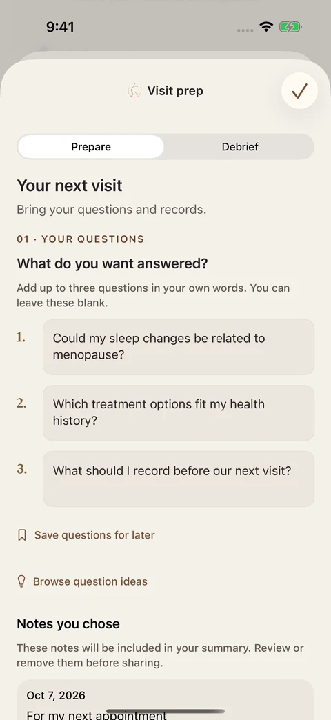 Visit Prep with editable questions and notes selected for a care conversation