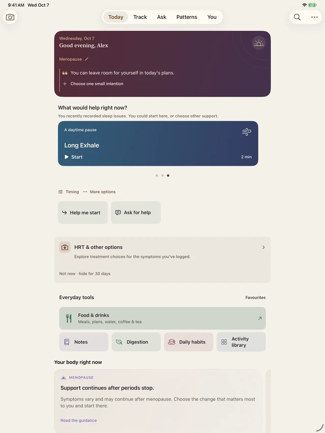 Kriva on iPad with daily support, everyday tools and menopause context