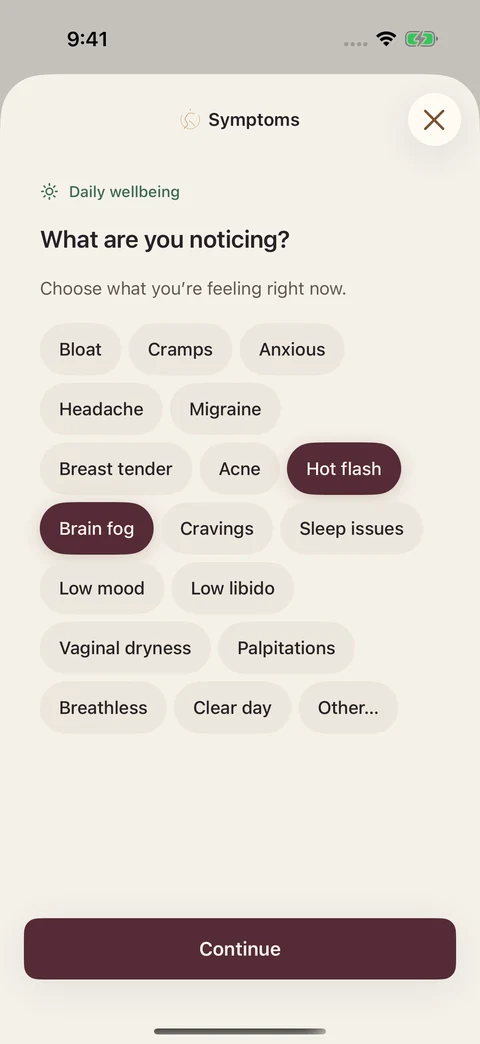 Symptom choices including hot flashes, brain fog, sleep issues and low mood